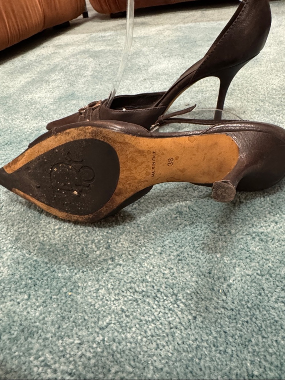 CD Dior Women’s Brown Pointed Toe Ankle Strap Pumps with Gold Accent - Picture 3 of 3